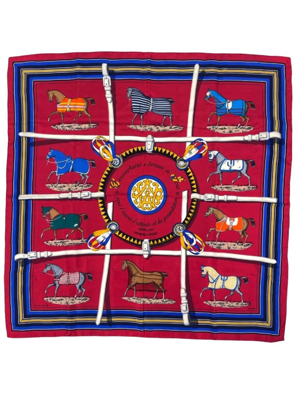 Hermes Carre 90 Couvertures Et Tenues de Jour Scarf Horse Wear Silk Red Blue